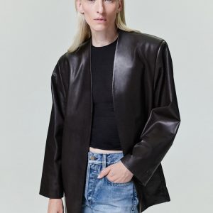 Womens Leather Collarless Jacket