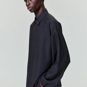 Grey Striped Wool Elastic Cuff Shirt