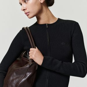 Womens Signature Rib Knit Fitted Long Sleeve Zip Up Tee